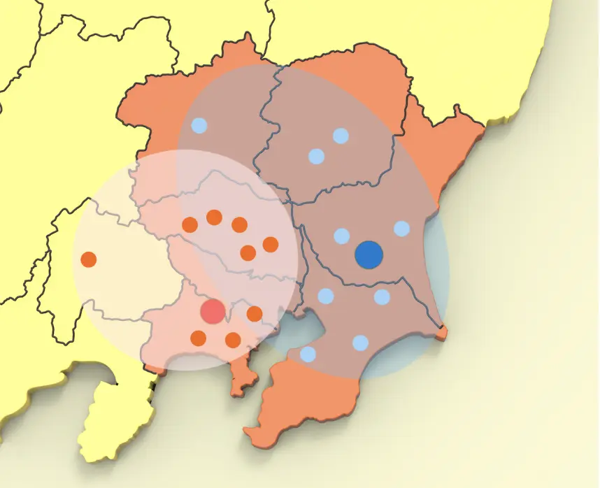 関東エリアの営業所と配送先の地図